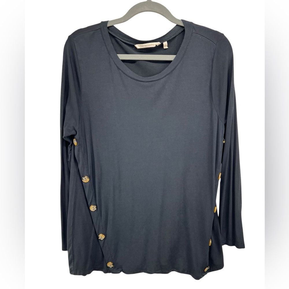 Soft Surroundings Black Long Sleeve Tee with Tortoise Shell Button Details